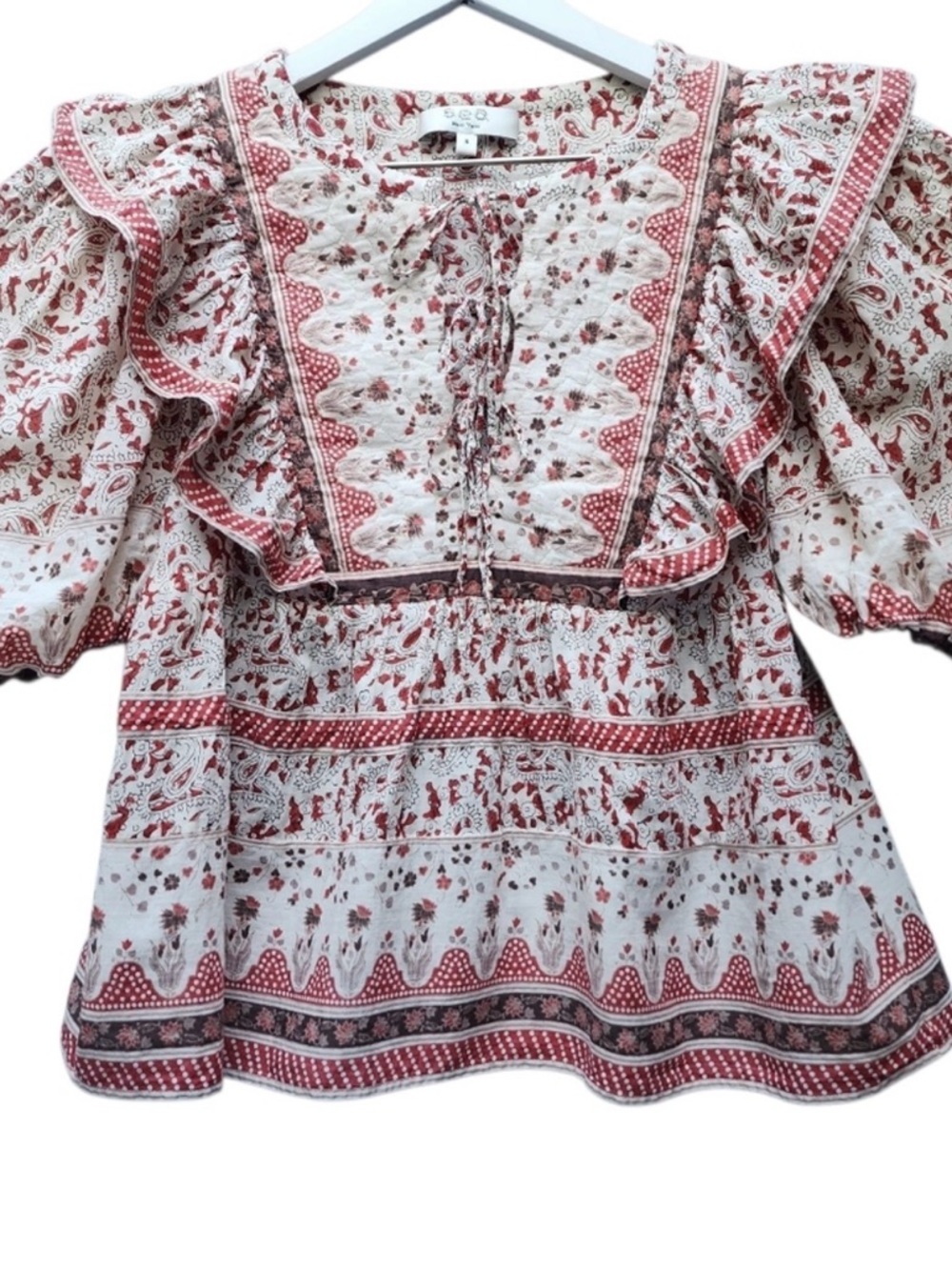 SEA New York Quilted Floral Puff-Sleeve Ivette Top GUC Red Cream Color Size S